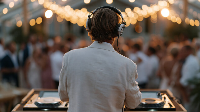 Wedding reception DJ transitioning tracks from a first dance ballad as the newlyweds take a bow, guests flooding onto the dance floor beneath a ceiling strung with globe fairy lights, a ring of exci