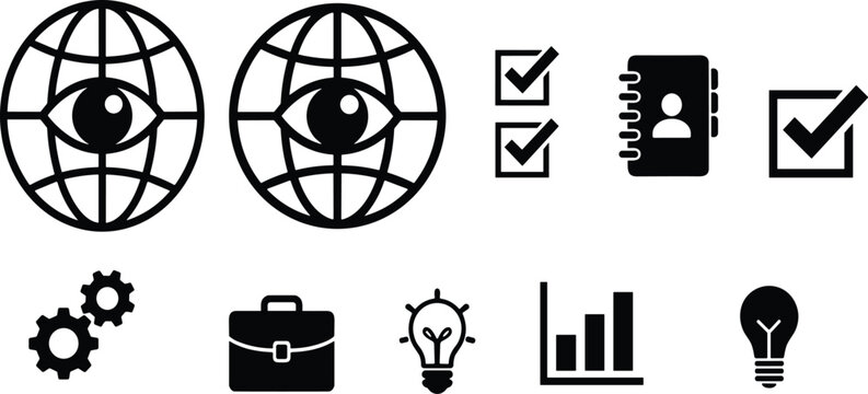 Global business management icons set featuring globe grid eye checklist address book briefcase gears lightbulb and bar graph symbols vector