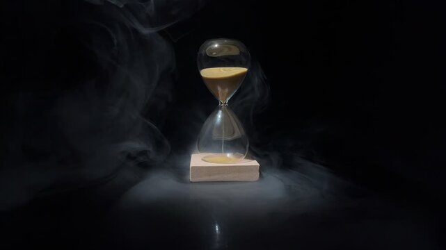 4K footage of an hourglass with golden sand on a dark smoky background, symbolizing time pressure, deadlines, urgency, reflection and the passing of time in a dramatic cinematic style.