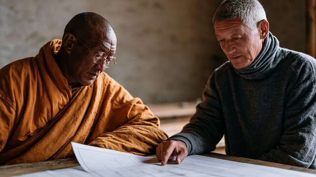 Tibetan Buddhist abbot reviews architectural blueprints with a structural engineer across a refectory table in a functioning hillside monastery, balancing the preservation of centuries-old building 
