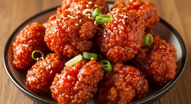 Spicy korean fried chicken bites with sesame and scallions