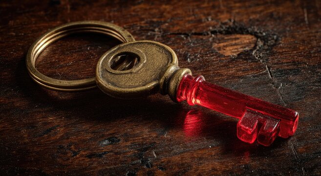 Antique brass keyring holds a translucent ruby-red glass skeleton key