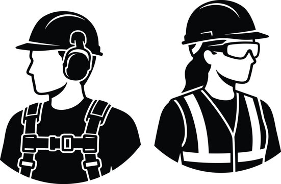 Male and female construction workers looking sideways wearing hard hats earmuffs safety harness protective glasses and reflective high visibility vests vector