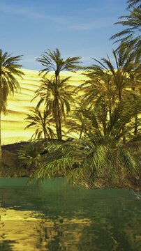 Palm trees stand near green water with golden sand dunes in the background. The sun shines brightly on the scene creating clear reflections. It shows a natural landscape.