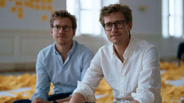 Startup founding team's aftermath moment after their first failed product demo to customers, team gathered in silence around a table covered in printouts and scattered notes, one member writing new 