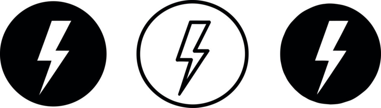 Set of three lightning bolt icons in circles on white background.
