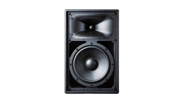 Black professional audio speaker with large woofer and horn tweeter, isolated on transparent background