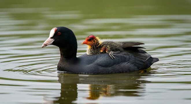 Black Adult Coot Carrying Fuzzy Chick on Back in Calm Pond Water