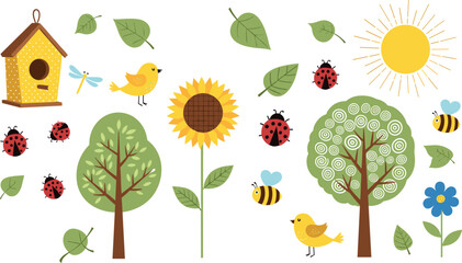 Cute Cartoon Summer Garden Scene Collection with Birdhouse Trees Sunflower Bee Ladybug Bird Sun and Leaves Vector Set © Rejaul