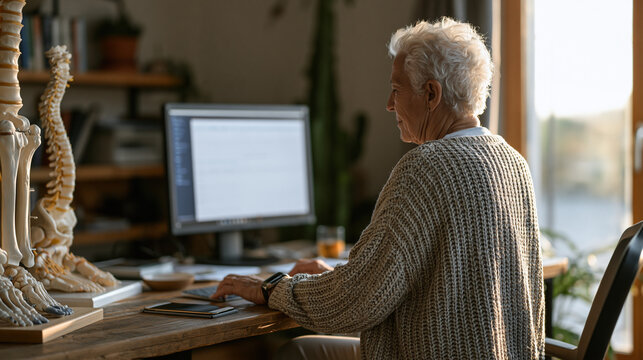 Retired female marathon runner checking wearable gait ysis data on clinic screen with physiothe, walking pace aging predictor essment, warm consultation room, anatomical foot and spine models on des