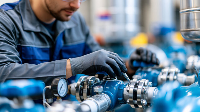 Industrial refrigeration technician checking and inspecting an ammonia valve assembly in a cold storage facility, refrigeration maintenance concept, industrial HVAC and cold chain