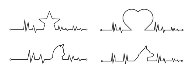 Obraz premium Heartbeat Line Icons Set Isolated Transparent PNG Medical Pulse Wave Symbol Vector Illustration Heart Star Dog Cat Shape Design