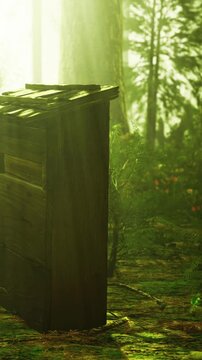 A wooden box is set on a dirt path through a forest. Sunlight filters through the trees. Green plants grow around the box. A sense of nature fills the scene with tall trees in the background.