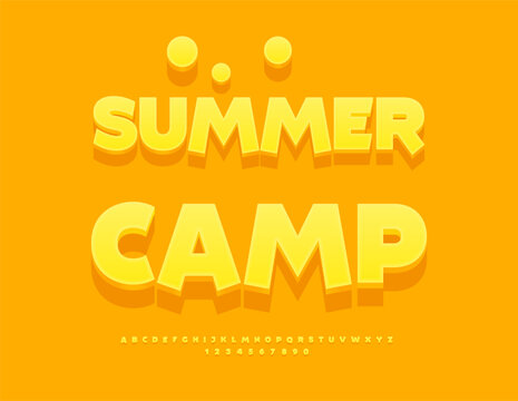 Vector Sunny Offer Summer Camp. Artistic Yellow Font. Trendy 3D Alphabet Letters and Numbers.