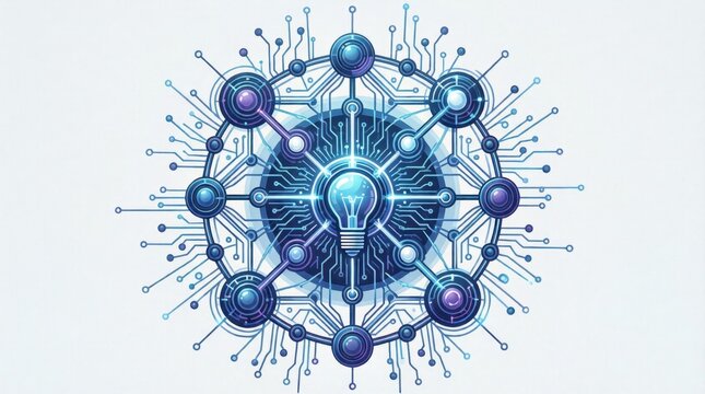 Lightbulb connected to circuit nodes representing network concept