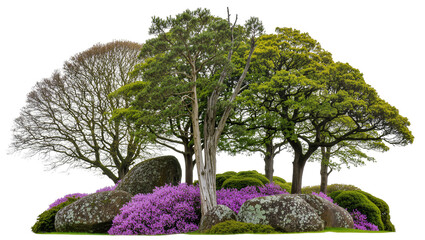 Diverse trees and purple flowers on rocks, isolated on transparent background © Elena