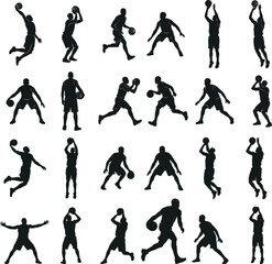 Basketball Player Silhouette Collection Featuring Dribbling Shooting Jumping and Action Poses Isolated on White Background for Sports Design © Joy