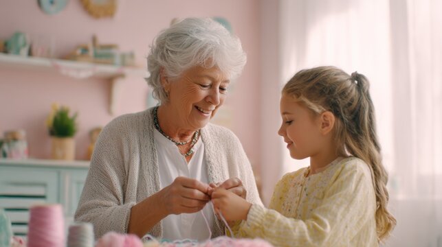 Senior woman teaches young girl how to knit in a cozy craft room during the afternoon