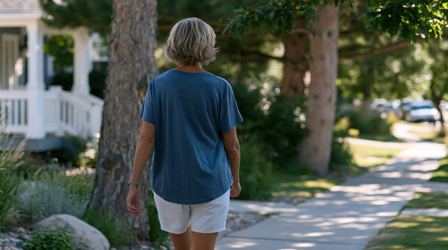 Fit woman in her sixties finishing brisk uphill walk on suburban sidewalk during humid summer morning, walking pace aging predictor fitness concept, neighborhotree canopy cang dappled light, fitness