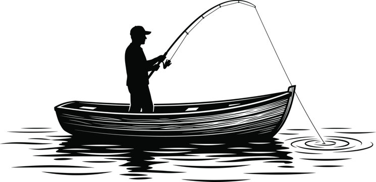 Fishing Boat Illustration with Angler Silhouette and Lake Water Recreation Symbols for Outdoor Graphic Design Projects
