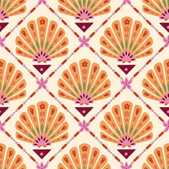 Fototapeta na wymiar Summer beach tile seamless pattern with seashells, starfish, tribal geometric element, damask ornament. Vector tropical vacation, coastal repeat background, textile design, wallpaper, hand drawn print