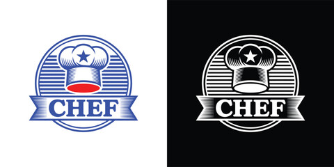 Fototapeta premium Vintage Chef Hat Logo Badge with Star and Engraved Lines Style Ribbon – Retro Restaurant, Bakery, Cooking School, and Culinary Identity Vector Illustration