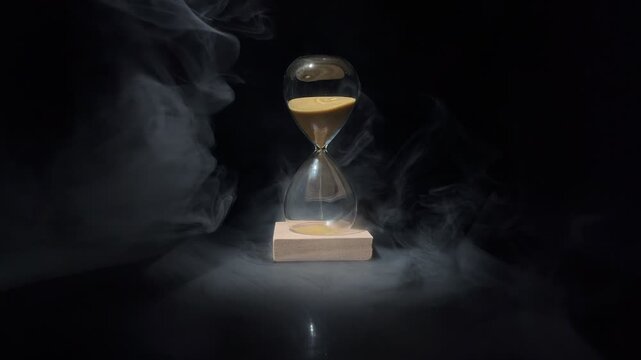 4K slow‑motion video of an hourglass with drifting smoke, highlighting the flow of sand and the concept of time running out, urgency, pressure, deadlines and dramatic cinematic atmosphere.