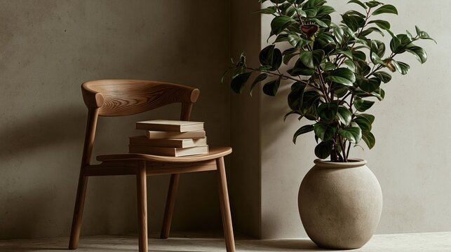 Threequarter angle of a minimalist corner with a wooden chair in sharp focus featuring stacked books and a potted plant enhanced by subtle shadows and a subdued textured concrete