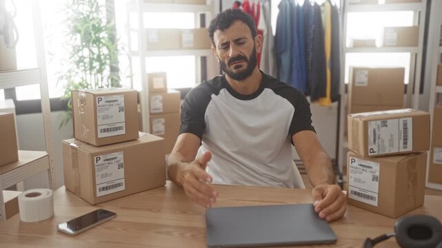 Man surrounded by cardboard shipping boxes places laptop lid down with one hand while rubbing his forehead and gesturing with the other in a building; frustration resilience.