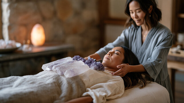 Crystal healer arranges selenite wands and amethyst clusters across a client's supine body on a treatment table in a minimalist studio, soft light from a salt lamp cang a warm glow over the carefull
