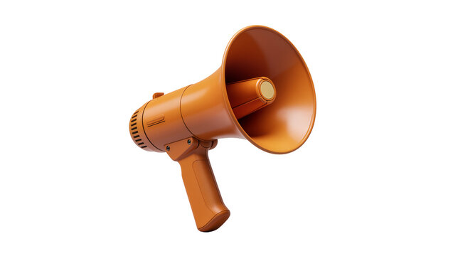 Orange plastic megaphone with textured handle, isolated on transparent background