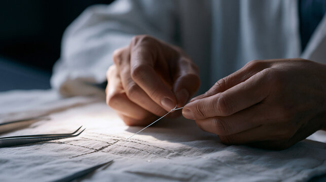 Close up of neuroscience researcher's hands threading fine electrode wire through precision guide during artificial synapse membrane assembly, tweezers and scalpel on sterile cloth, bright focused t