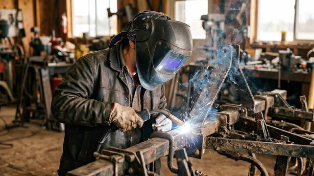 Tracking shot of man welding metal frame with flying sparks and smoke inside cluttered industrial workshop during daytime