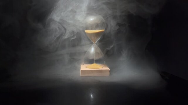 4K footage of an hourglass with golden sand on a dark smoky background, symbolizing time pressure, deadlines, urgency, reflection and the passing of time in a dramatic cinematic style.