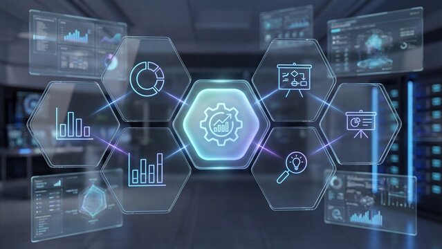 Business Intelligence Dashboard with Analytics Icons in Futuristic Hexagonal Interface for Data Management and Reporting