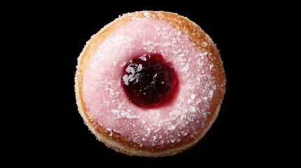 Obraz premium A sugary donut with pink frosting, jam filling, and powdered sugar