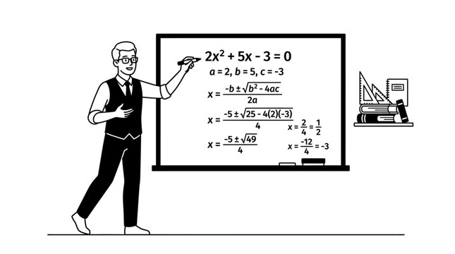 A teacher solving a quadratic equation on a whiteboard.