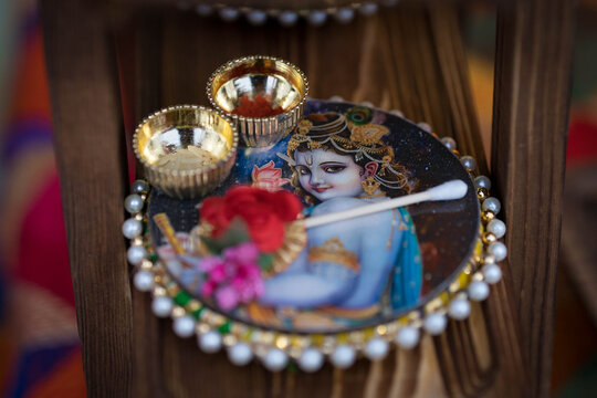 Sri Krishna plate with bowls and cotton tip