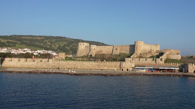 Panoramic View of Bozcaada Island Harbor and Historical Fortress - Coastal Town Landscape of Tenedos on Aegean Sea - Canakkale, Turkey. High quality 4k footage
