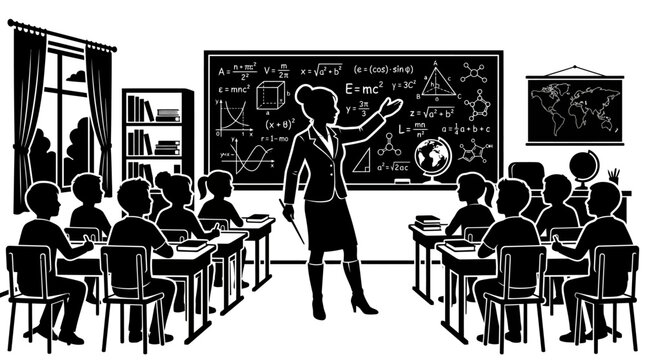 Black and white silhouette illustration of a female teacher instructing students in a classroom.