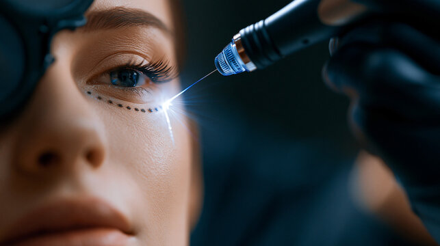 Plasma pen device emitting a precise arc spark landing on eyelid skin beside a row of carbonized treatment dots, dark clinical setting, fibroblast skin tightening concept,