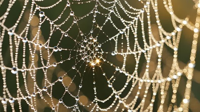 Closeup of a DewCovered Spiderweb Sparkling in the Morning Sun.