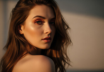 Naklejka premium Close up portrait of a woman with soft natural lighting highlighting delicate facial features and expressive eyes in a moody beauty shot