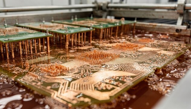Medium shot of highaspect vias undergoing precise copper electroplating on intricate circuit boards highlighting detailed panel pattern plating techniques.