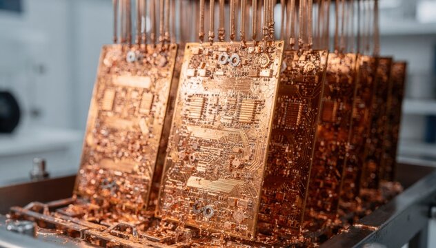 Medium shot of highaspect vias undergoing precise copper electroplating on intricate circuit boards highlighting detailed panel pattern plating techniques.
