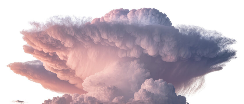 Massive cumulonimbus cloud formation with pink and purple hues, isolated on transparent background