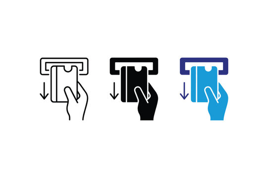 Credit card payment terminal icons set showing hand inserting card for transaction