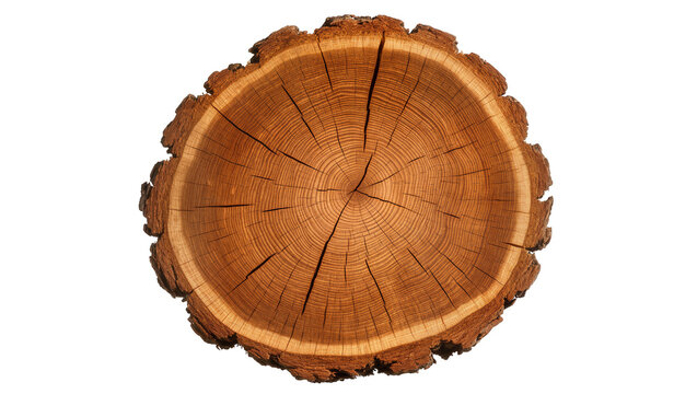 Rough wooden tree trunk slice with visible growth rings, isolated on transparent background
