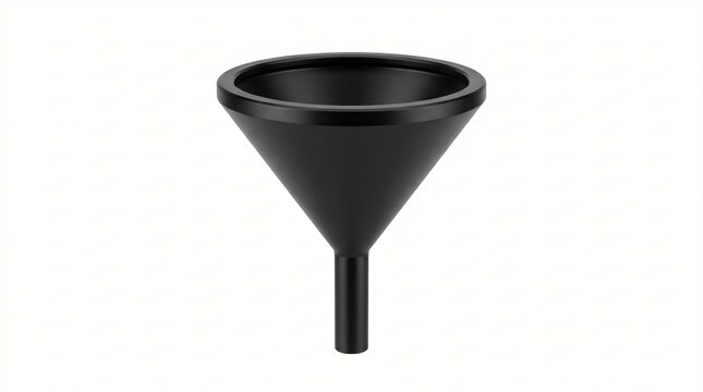 Miniature ultra-premium decanting funnel made of matte black anodized aluminum on a white background.