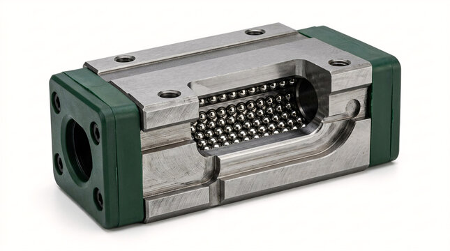 Macro of a heavy-duty CNC linear guide rail carriage block showing internal steel ball bearings.